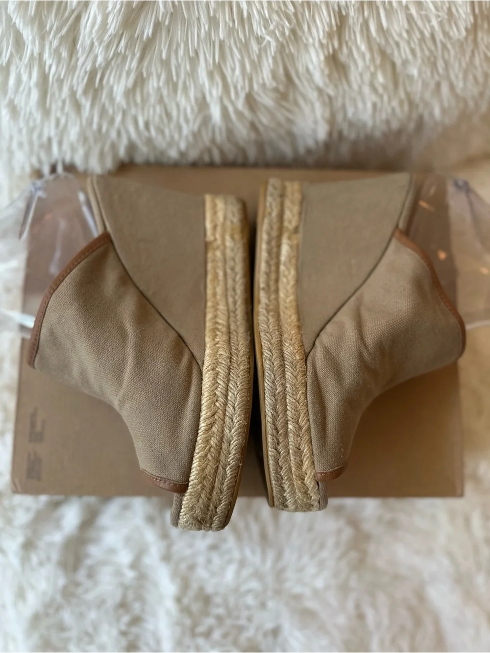 Tory Burch Agatha Canvas Espadrille Wedge Mule Sandals Tan Size 9.5 Peep Toe